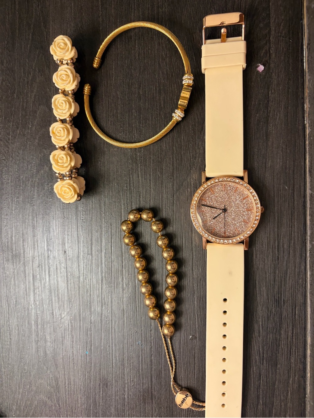 bebe Rose Gold Glitter Dial Watch with Cream Strap
